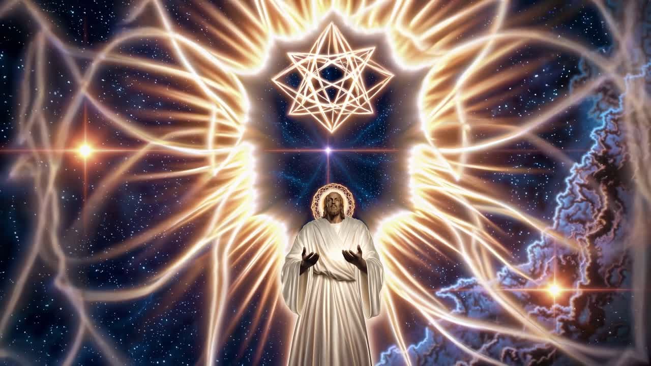 Radiant divine luminescence surrounding Jesus, weaving sacred geometric forms through celestial starscape and cosmic nebular background, expressing transcendent spiritual essence