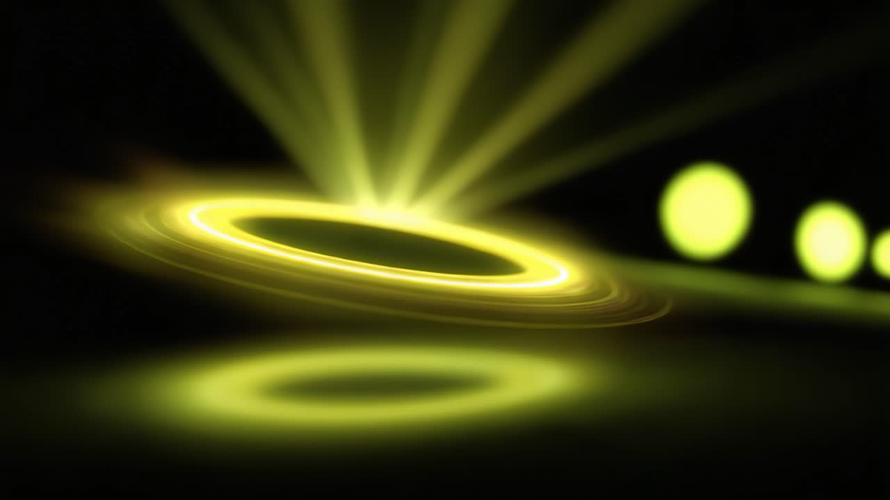 A mesmerizing glowing ring emanating light beams against a dark background, creating a captivating visual effect that draws the viewer's attention swiftly
