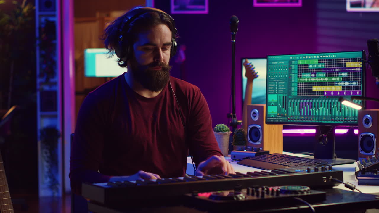 compositor tocando la guitarra y el teclado de piano electrónico en su estudio casero