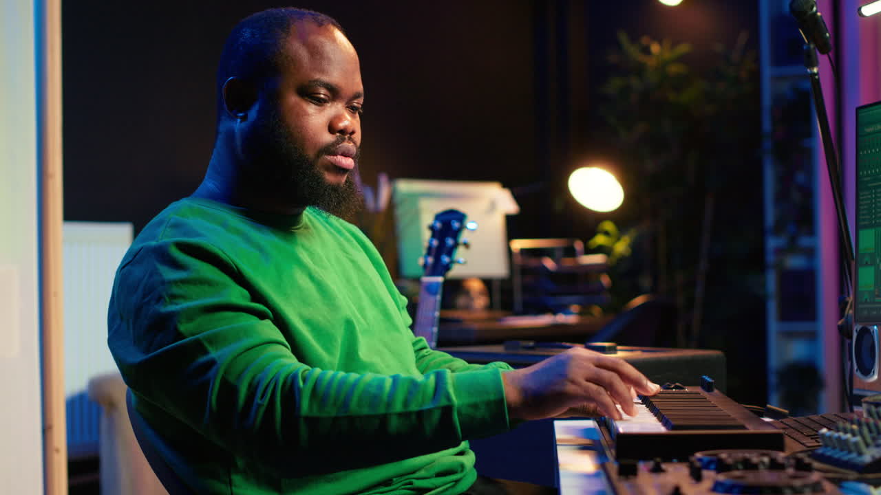 productor de música hábil creando nuevas canciones en el sintetizador del controlador midi