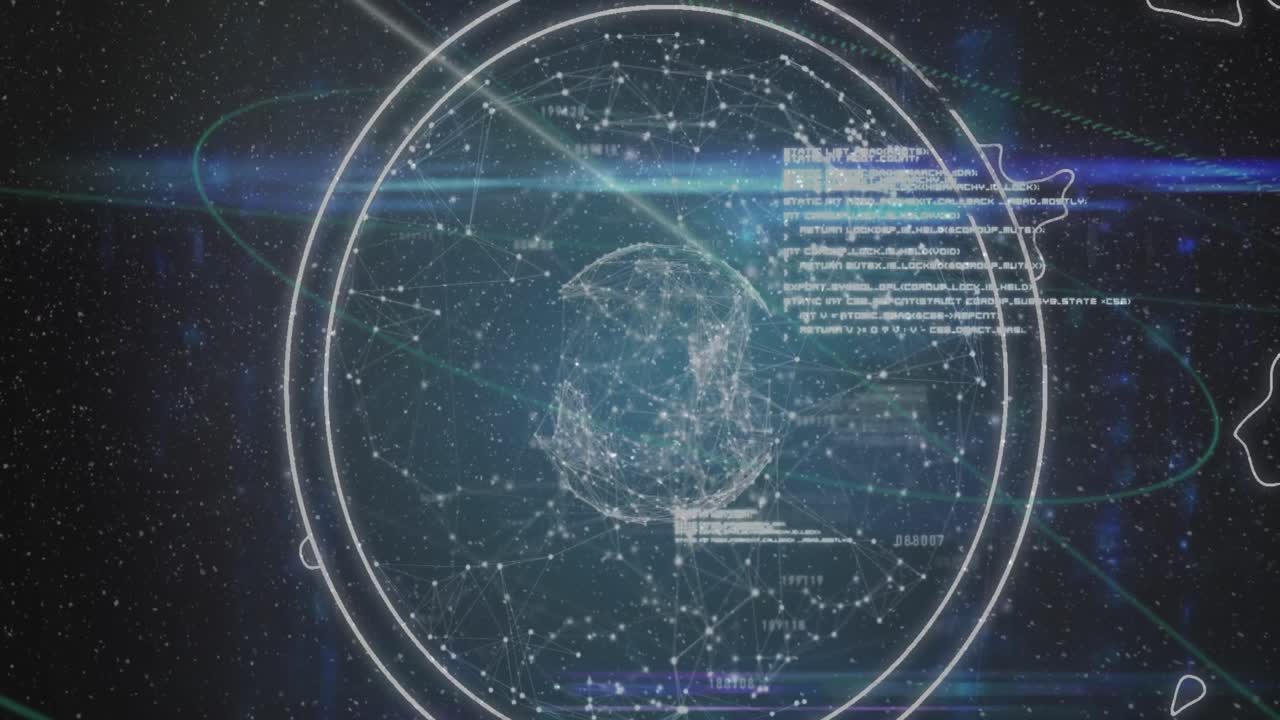 animación del procesamiento de datos sobre el globo de la red de conexiones contra fondo azul
