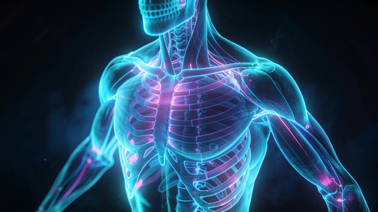 Un busto che inizia a ruotare a destra nel vuoto, mostrando una gabbia toracica al neon, clavicole e nodi magenta pulsanti.