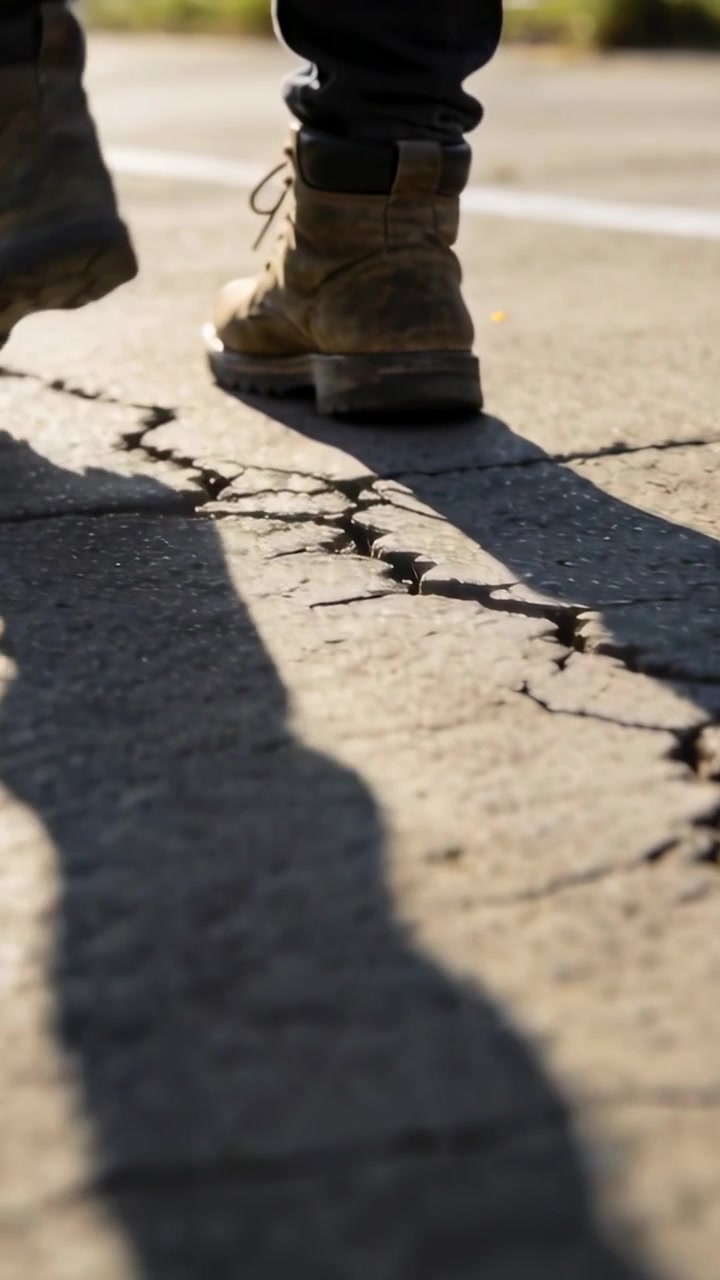 Video verticale: Stivali che avanzano e pantaloni scuri che si sollevano per superare una crepa nella strada e proseguire.