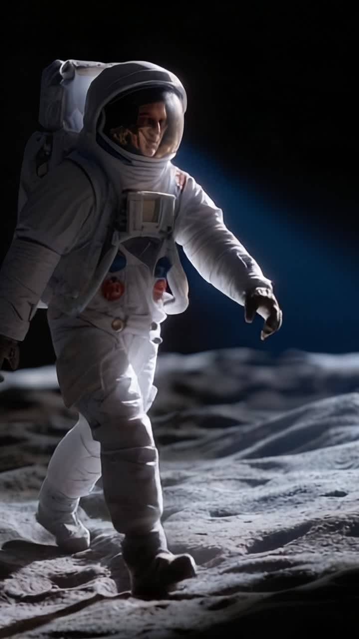 An astronaut explores the lunar surface, illuminated by a beam of light, showcasing the stark and captivating beauty of the moon's desolate landscape