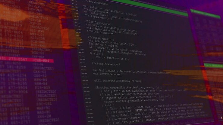 Animation of data processing on computer interface, with orange flashes on dark background