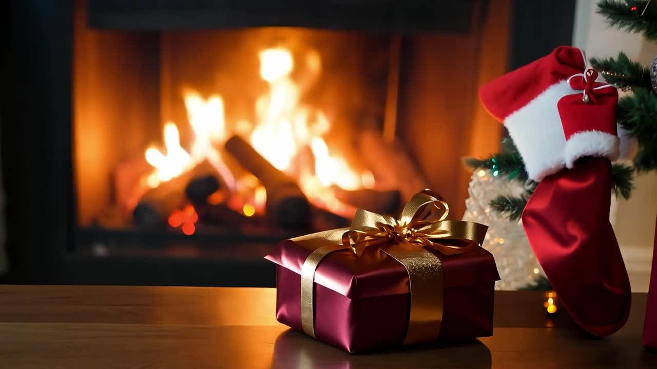 una acogedora chimenea quema cálidamente, adornada con un regalo de navidad y una medias colocada en el frente, creando una atmósfera festiva