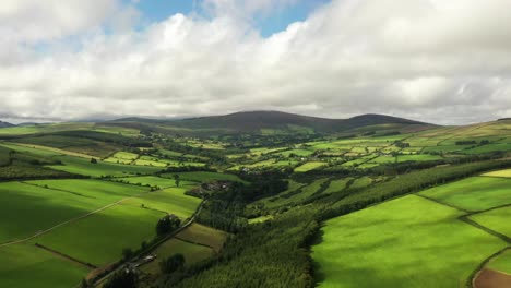 Irische-Ländliche-Landschaft,-Aughrim,-Wicklow-August-2020,-Drohne-Schiebt-Sich-Allmählich-Nach-Vorne-Und-Blickt-Nach-Norden-In-Richtung-Der-Oberen-Hügel-Von-Ballycreen