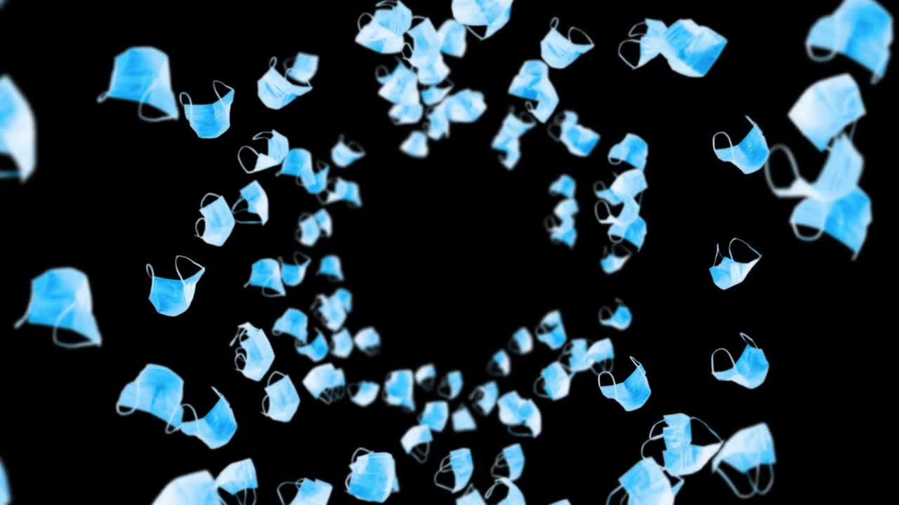 검은 바탕에 많은 파란 마스크를 날아. 의료 개념. 수술 보호 마스크. 마스크 회전의 3d 애니메이션. 루프 애니메이션.