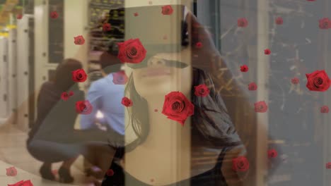 Animation-of-roses-falling-over-caucasian-woman-in-vr-headset-over-people-checking-servers