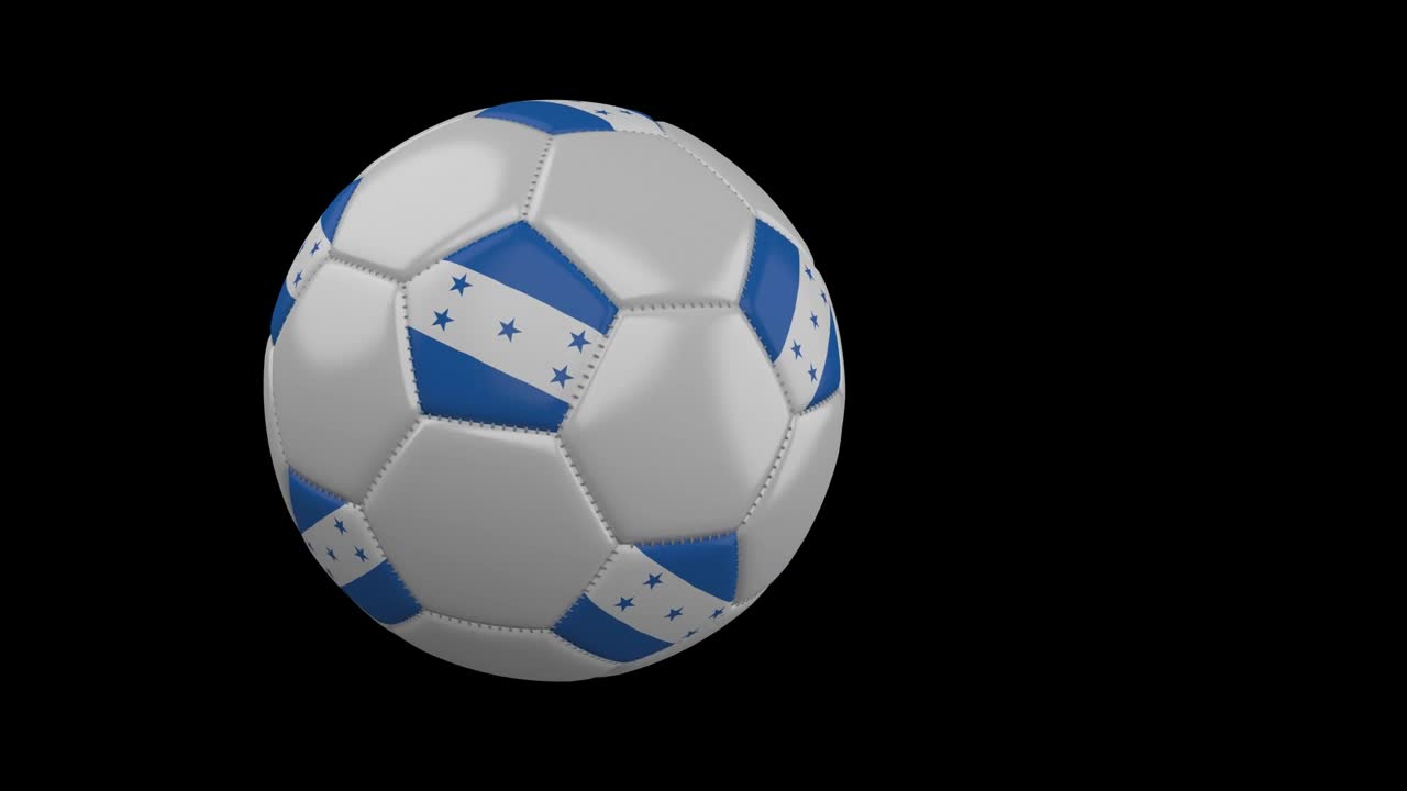ホンジュラスの旗が描かれたサッカーボールがカメラを通り過ぎる、スローモーション、アルファチャンネル