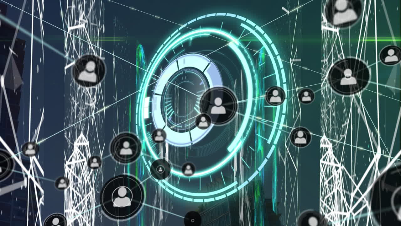 Animation of circular scanner processing with network of people icons exchanging data