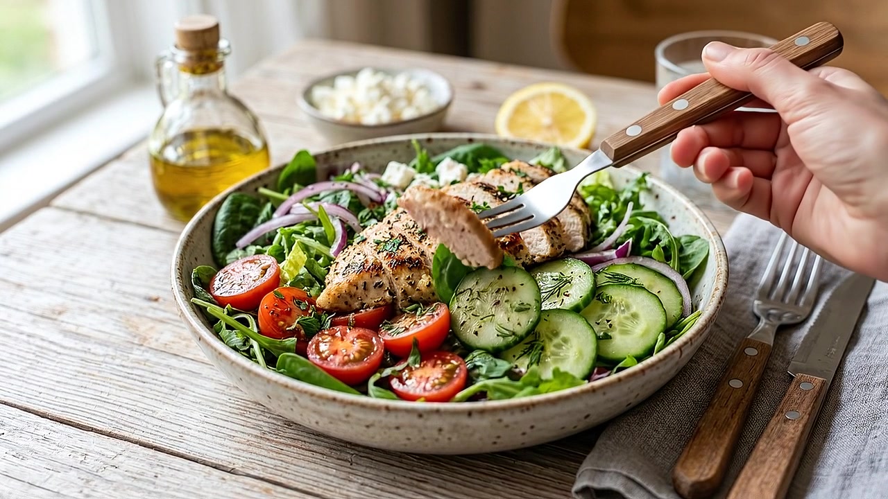 Healthy Grilled Chicken Breast Salad Bowl with Mixed Greens and Vegetables
