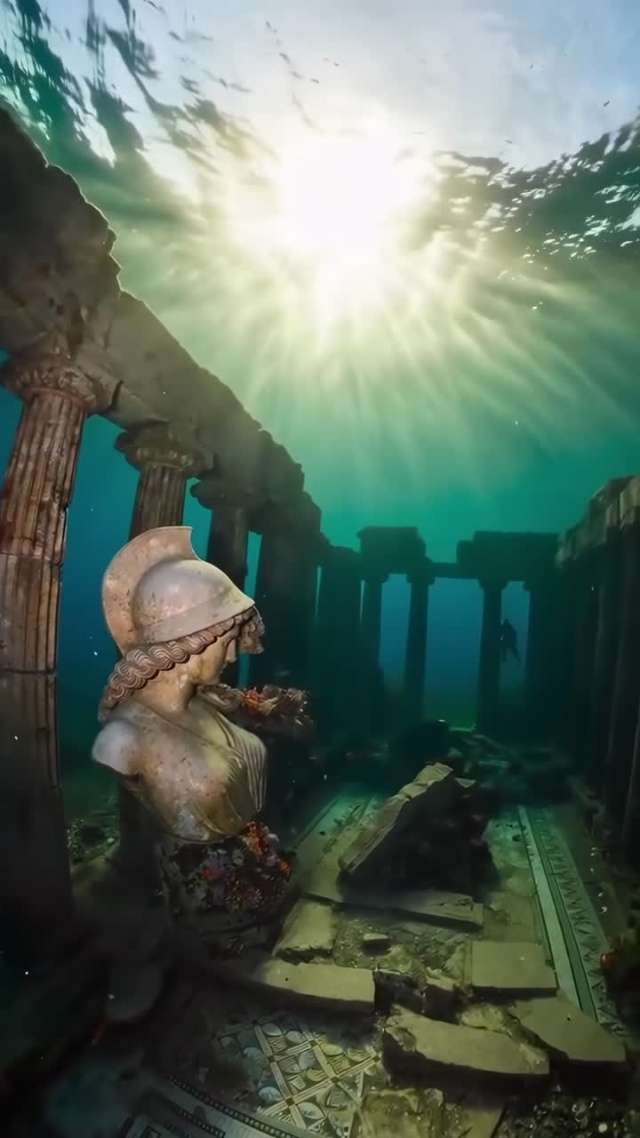 Video de ruinas submarinas, toma de ángulo bajo que captura la luz del sol filtrándose a través de columnas antiguas.