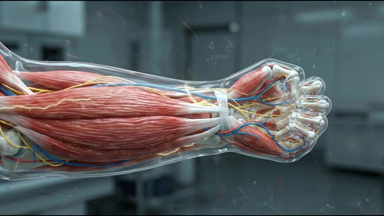 3D render of forearm muscle tendons and wrist joint bones, horizontal 16:9 video