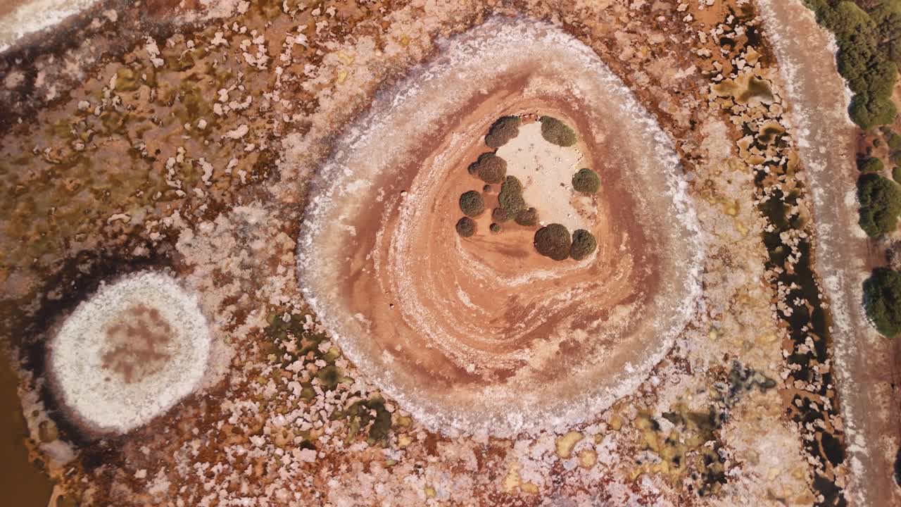 Aerial view of colorful salt ponds in unique patterns, abstract design