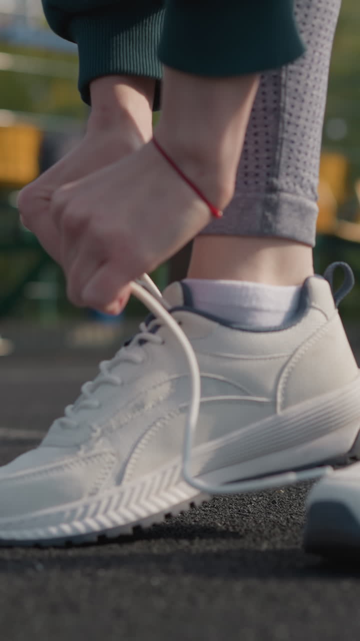 야외에서 농구를 하는 사람들의 흐릿한 시야와 함께 녹색 스웨터를 입은 여자의 클로즈업, 배경에 활발한 야외 장면과 함께 신발에 초점을 맞추고