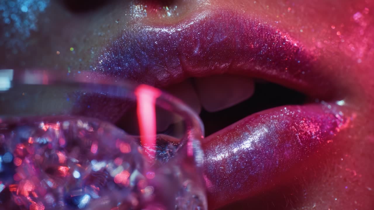 Close-Up of Shimmering Lips with Colorful Glitter and a Drink, Capturing the Alluring Essence of Sparkling Beauty in the Moment, Perfectly Framed with Vibrant Neon Highlights and Glossy Finishes