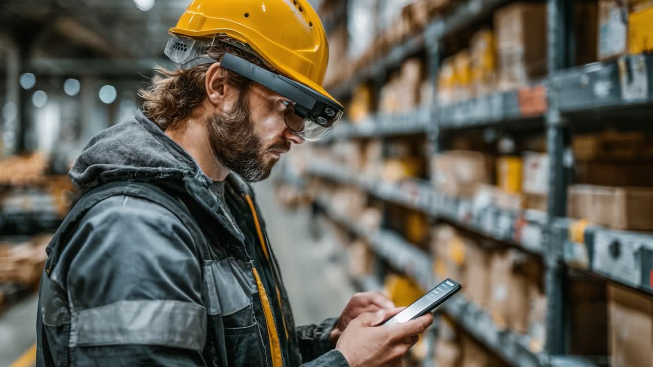 Focused Worker in Warehouse Checking Inventory with Smartphone and Smart Glasses, Wearing Safety Gear: A Look into Modern Logistics and Technology in Action