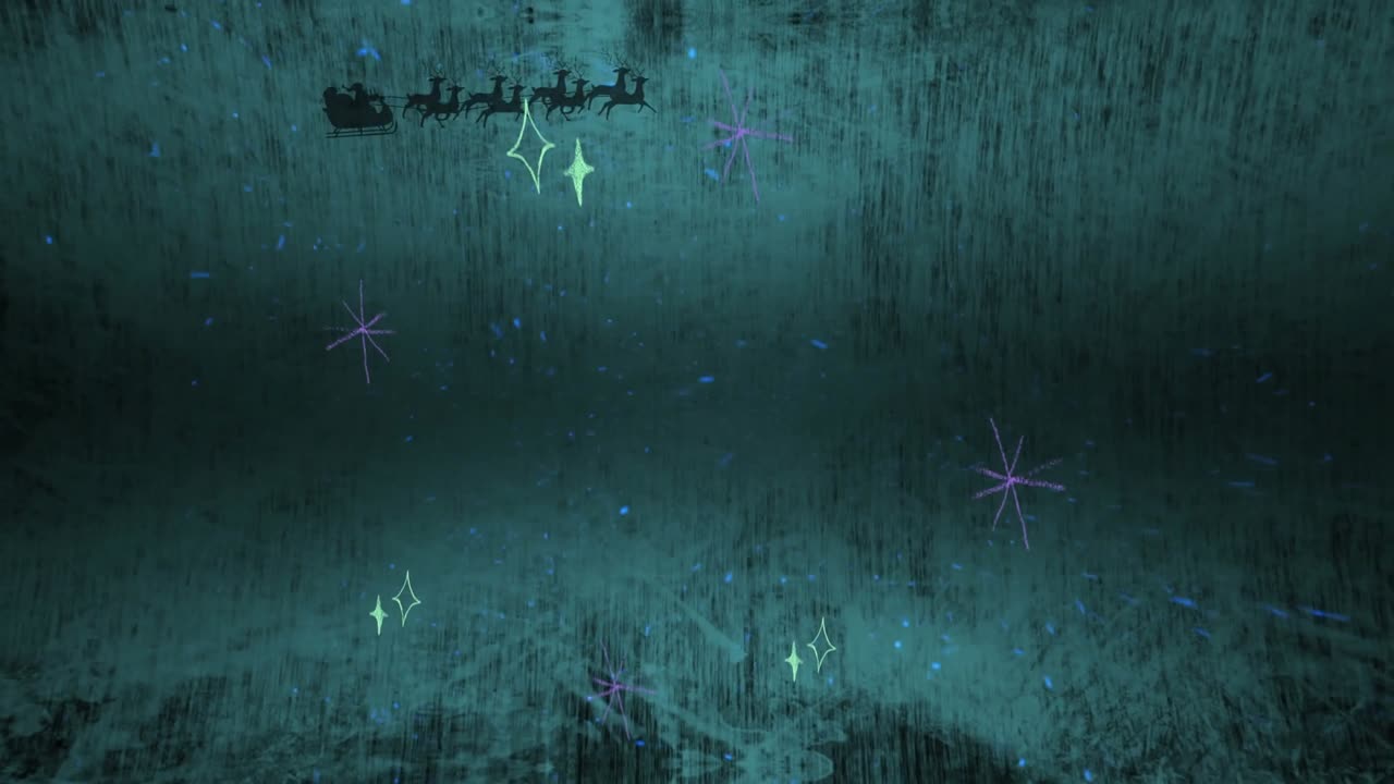 Animación de partículas azules brillantes sobre Papá Noel en un trineo tirado por renos