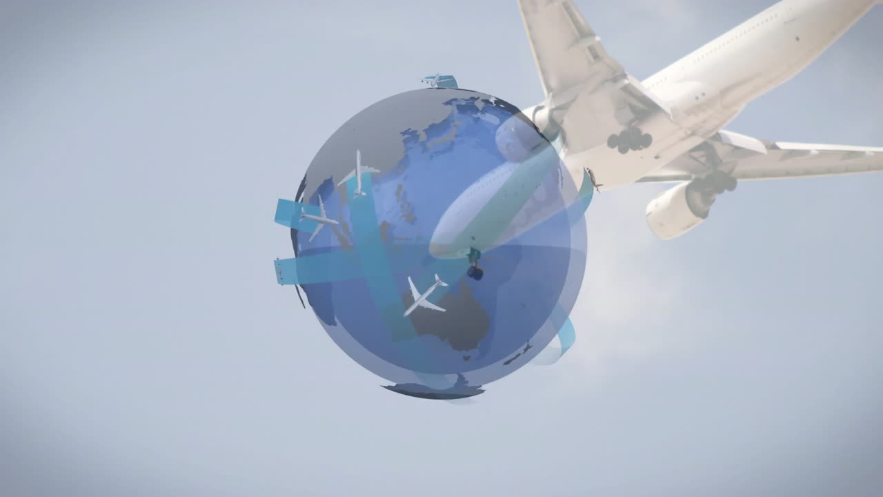 Flying over rotating globe, airplane with silhouettes in animation of aircrafts