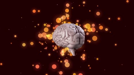 Human-brain-icon-spinning-over-orange-spots-of-light-floating-against-black-background