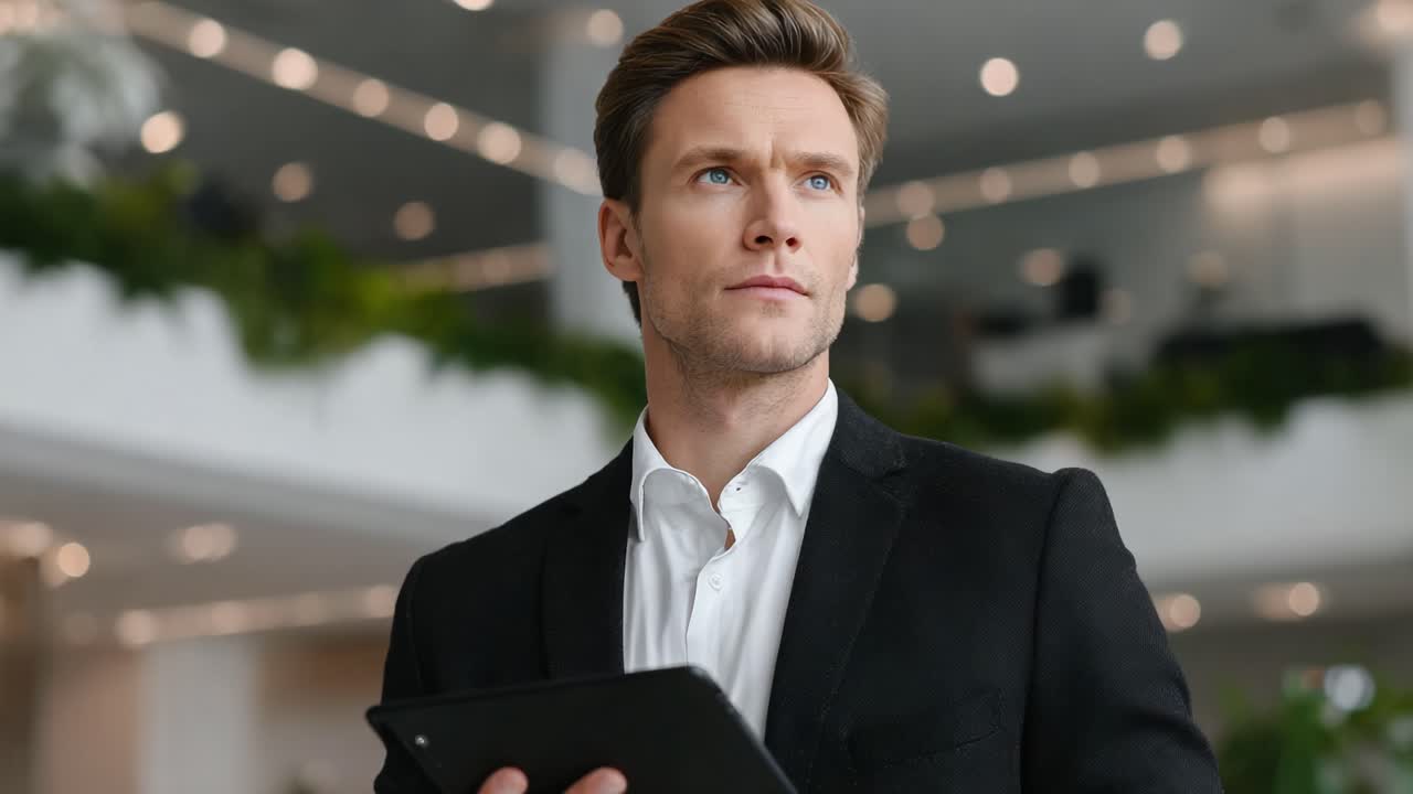 Confident Businessman in Modern Office Environment Engaged in Thoughtful Reflection While Holding a Tablet, Symbolizing Leadership and Decision-Making in the Corporate World