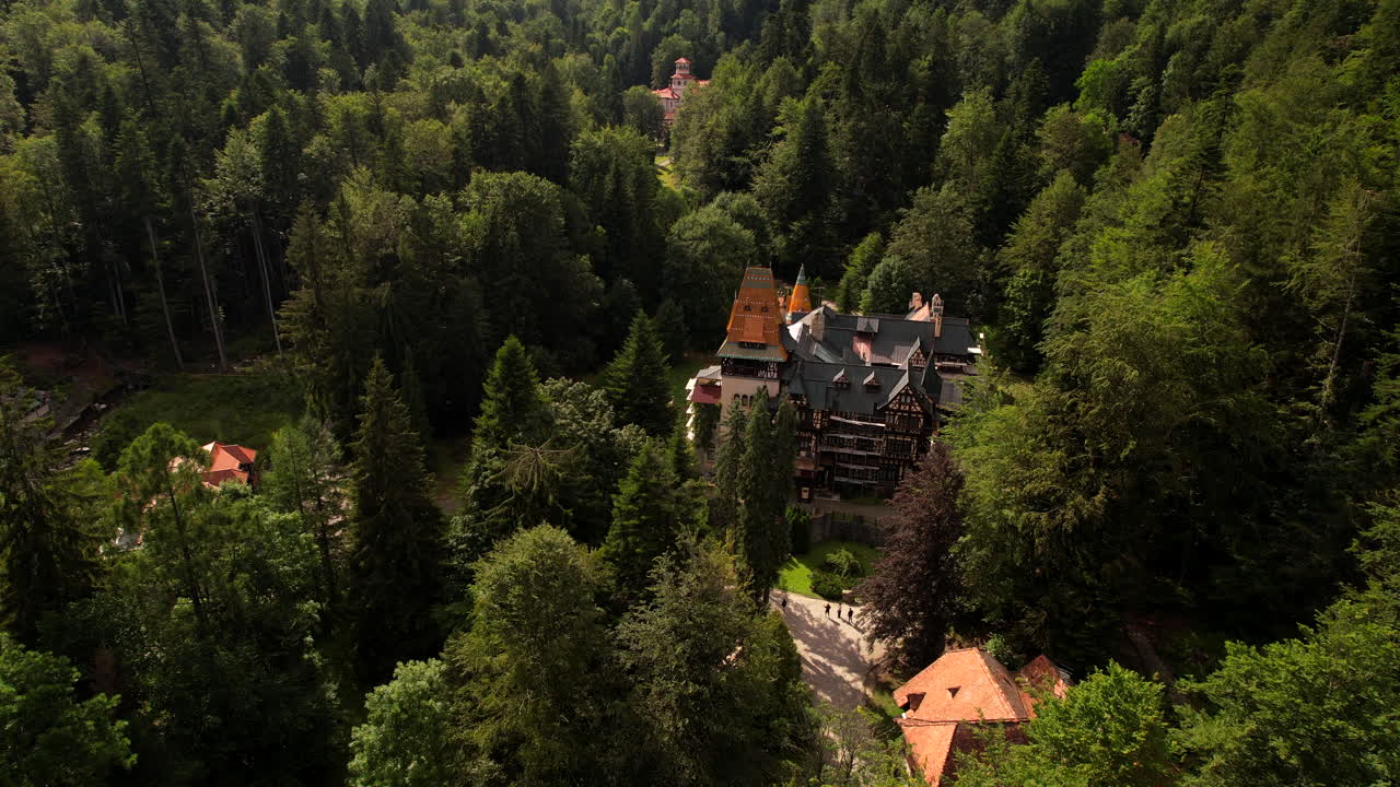 Castle of Pelisor hidden in the woods of Sinaia, Rumania. Aerial