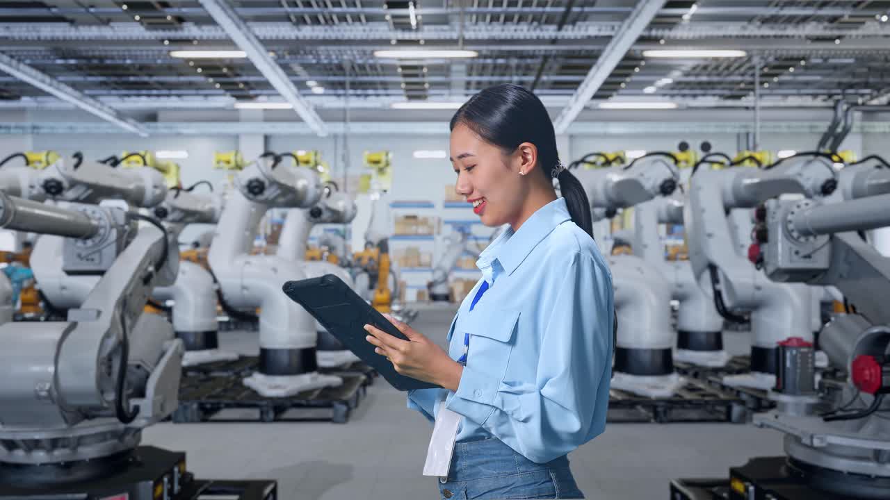 mujer trabajadora en una moderna fábrica de robótica