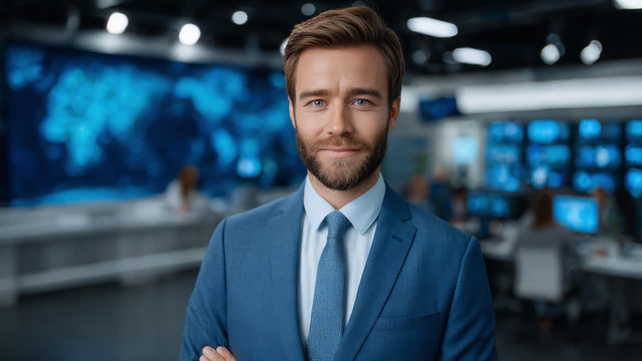 Professional Male News Anchor in Business Suit Engagingly Presents News with Confidence, Set Against a Modern Newsroom Background Filled with Technology and Colleagues