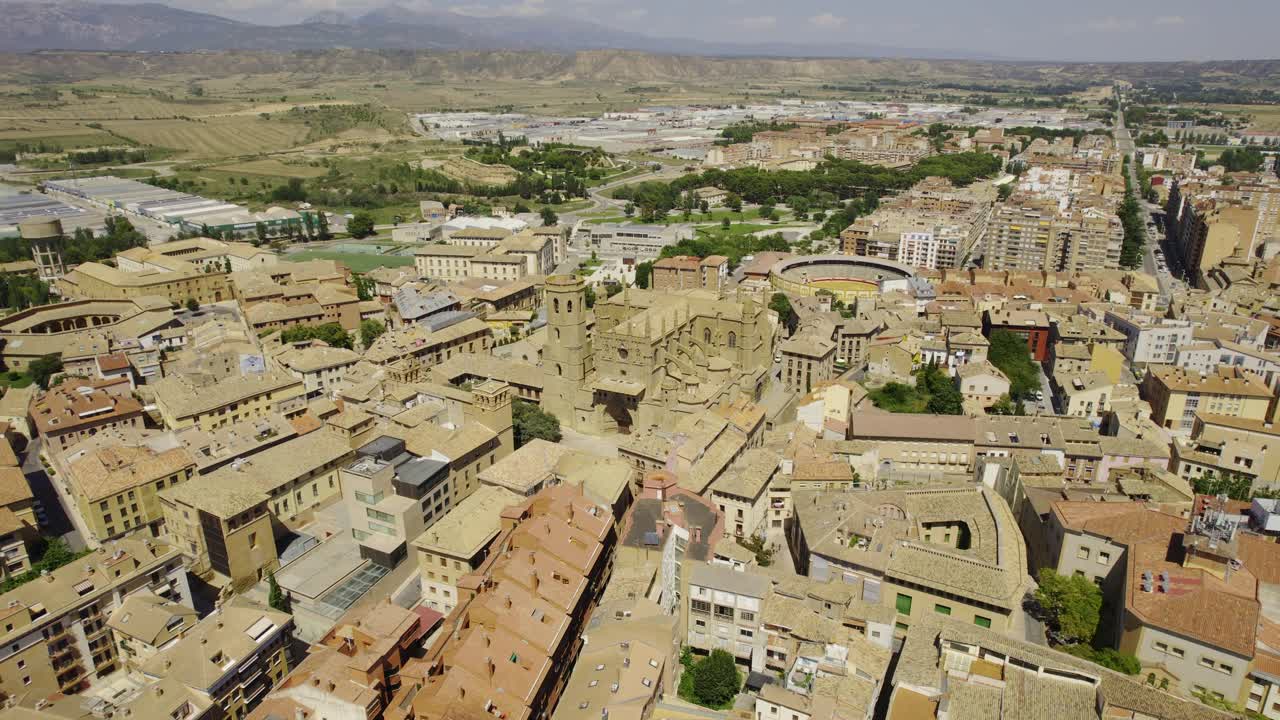 Panoramic Aerial View of a Historic European City with a Grand Cathedral and Bullring