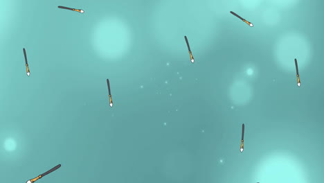 animation of eyeshadow makeup brushes falling on blue background with light spots