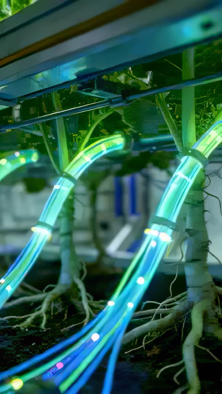 Vertical video: Receiving signal, tubing pulsing light nodes into substrate at bench to light roots
