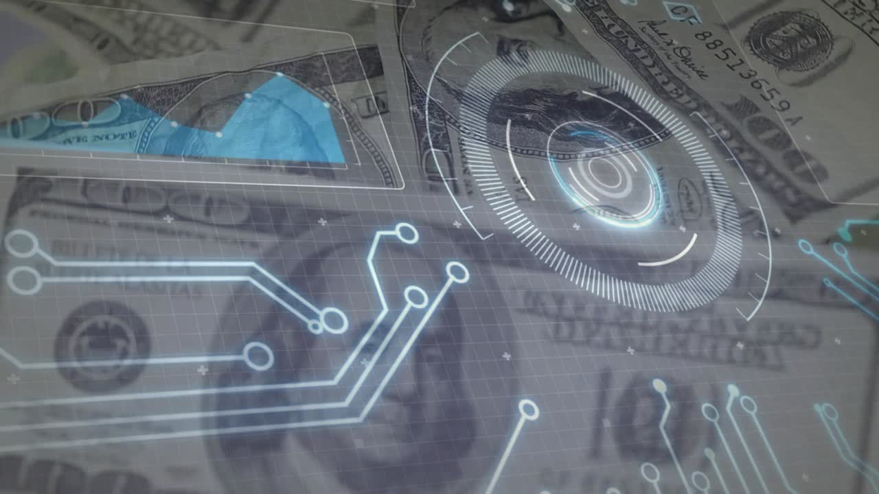 Overlay starting, blue HUD and circuit traces spreading over 100-dollar bills visualizing finance