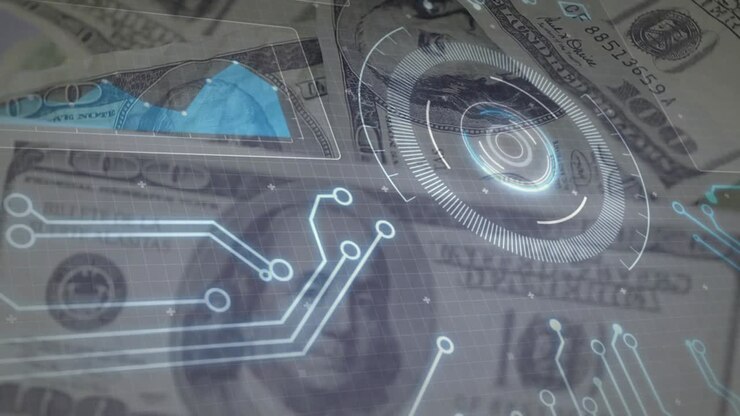 Overlay starting, blue HUD and circuit traces spreading over 100-dollar bills visualizing finance