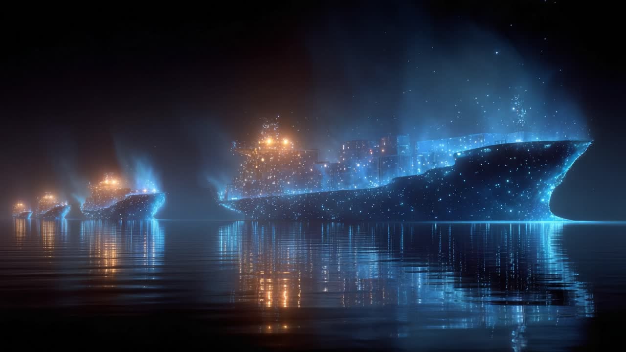 Futuristic cargo ships made of glowing digital particles navigating on a dark, calm ocean, representing modern logistics, global trade, and advanced technology in the shipping industry