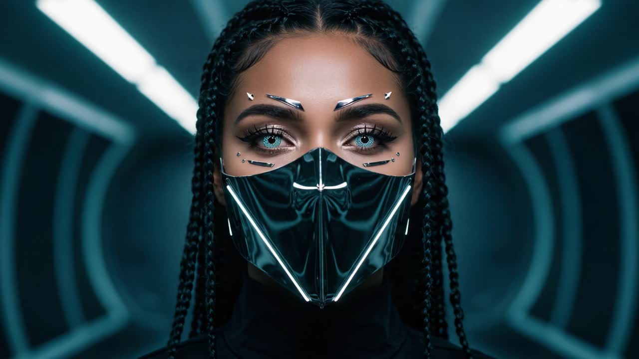 Un ritratto intrigante di una donna con una maschera futuristica che evidenzia audaci tendenze della moda con un trucco sorprendente ed effetti visivi sbalorditivi in un'ambientazione moderna