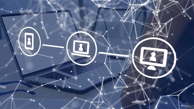 Woman viewing app starting tech net overlay over desk, device icons aligning and linking for access