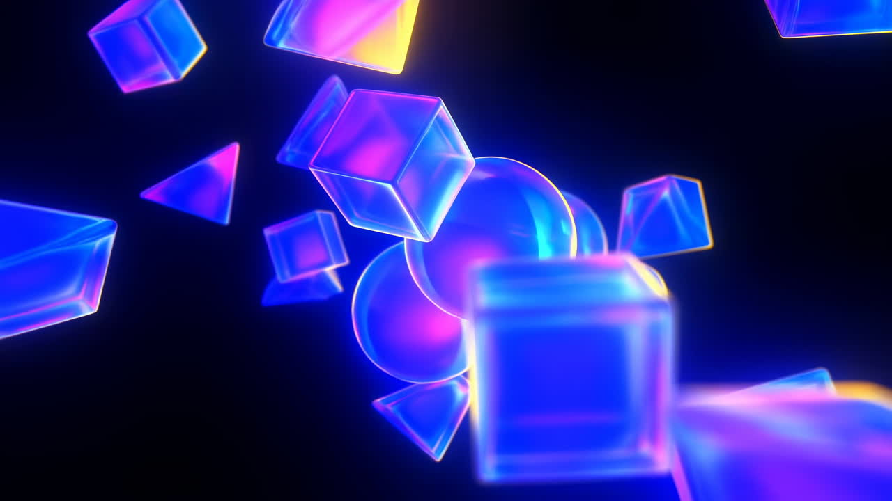 Abstract Geometric Shapes Floating and Glowing with Neon Colors