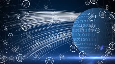 Animation-of-connected-icons-over-binary-codes-on-globe-against-dots-forming-lines