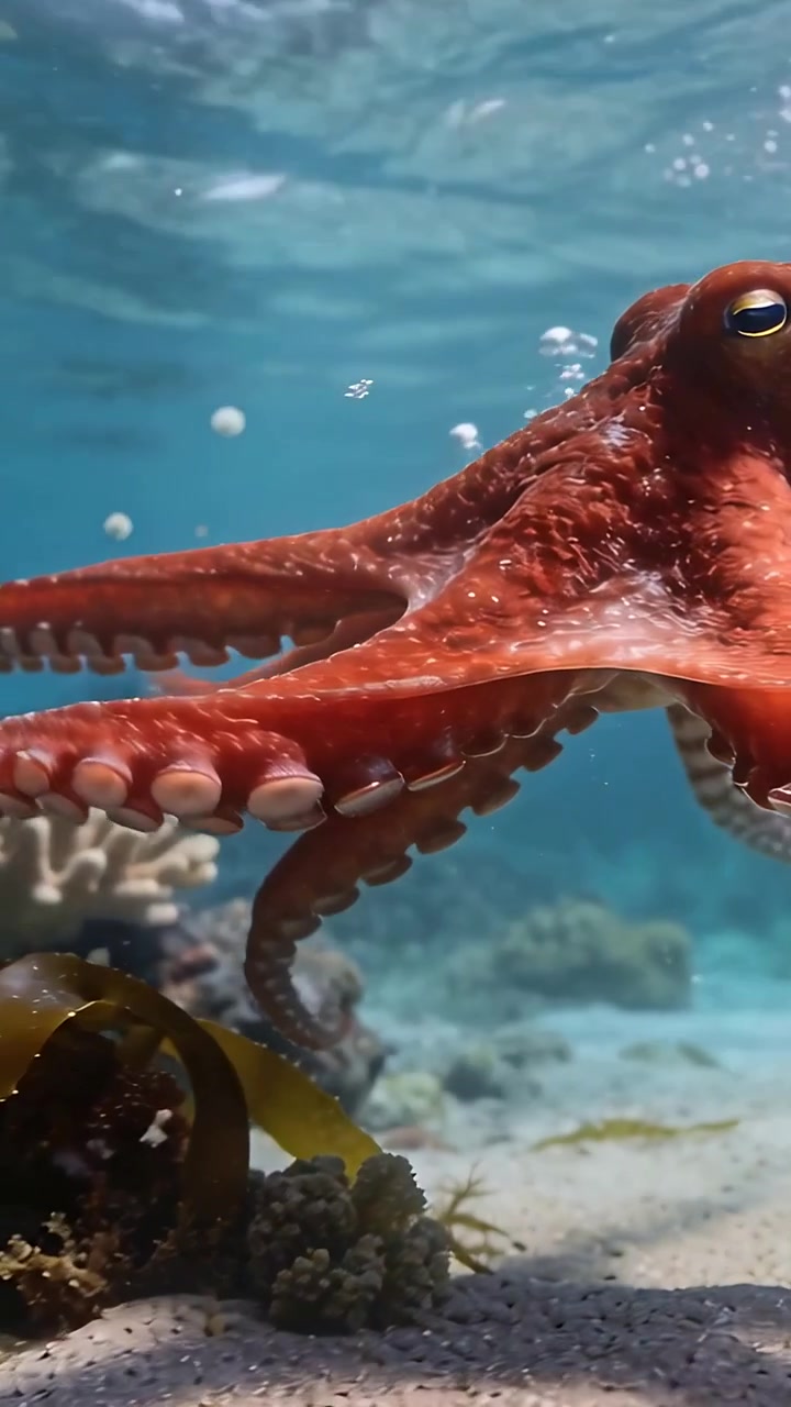 Video verticale: La corrente spinge un polpo arancione che scivola sul fondale marino, cercando cibo con le ventose.