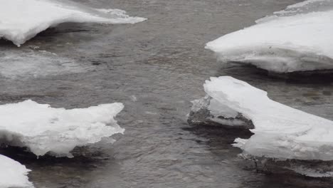 water flows in a stream in winter with pieces of ice on the sides