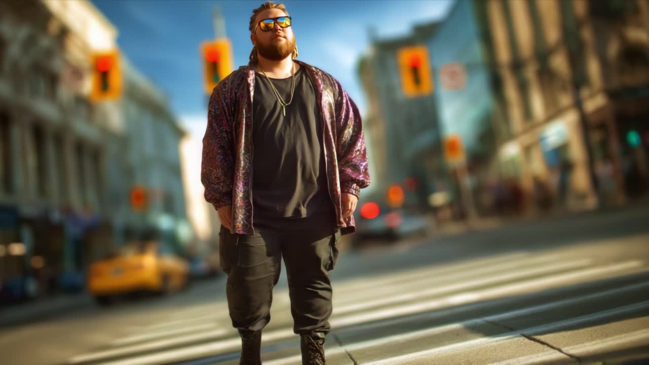 Una persona sicura di sé attraversa con decisione un trafficato attraversamento pedonale urbano, sfoggiando un abito elegante con occhiali da sole che riflettono il vivace paesaggio urbano circostante.