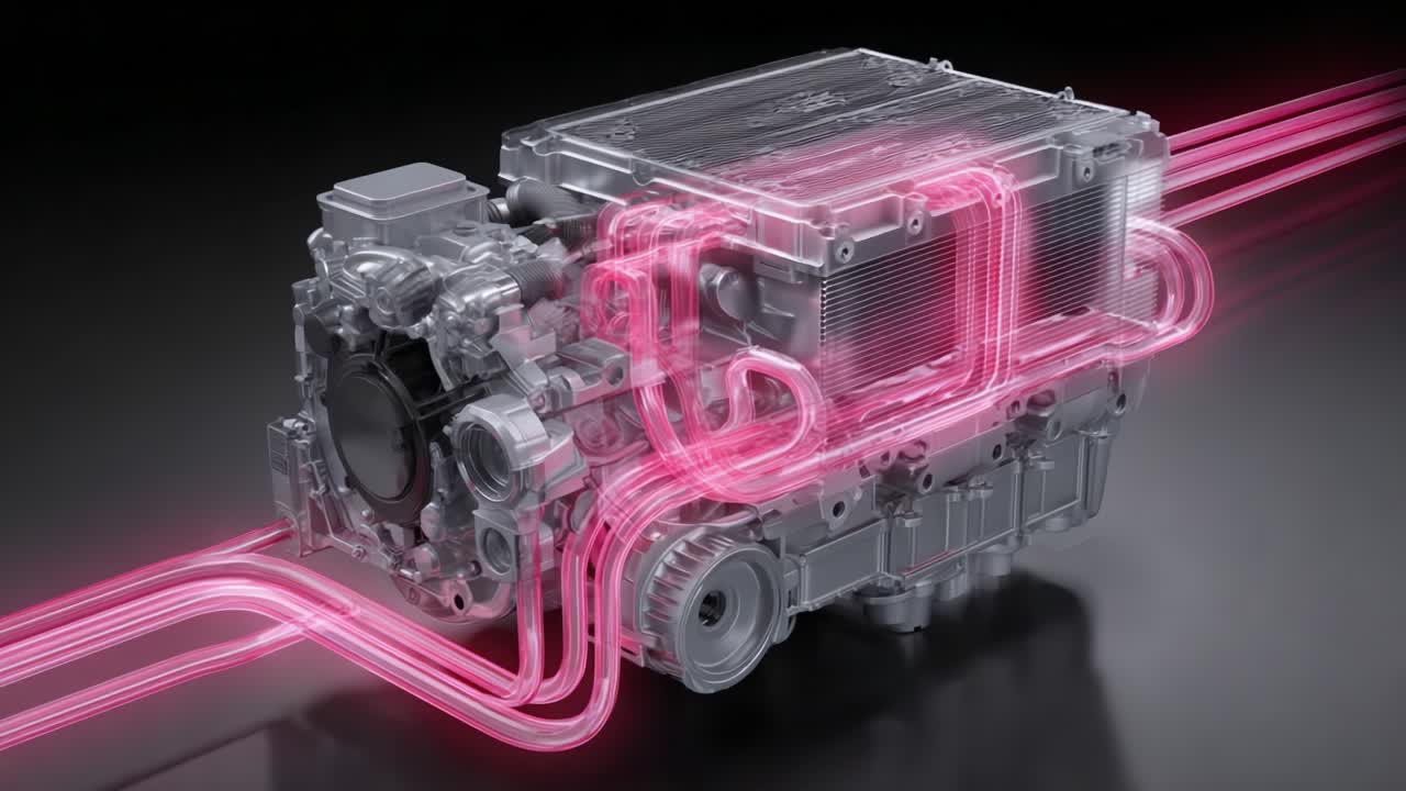 High-Tech Engine Component with Transparent Housing and Flowing Energy Visualization in a Sleek Black Environment