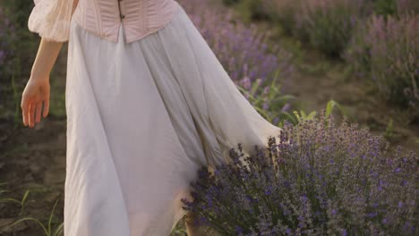 woman in a pink dress running joyfully through a lavender field and touch flowers