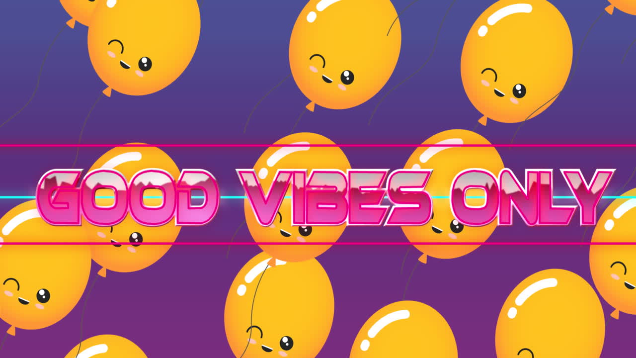 animación de las palabras buenas vibraciones sólo en rosa con globos naranjas flotantes en púrpura