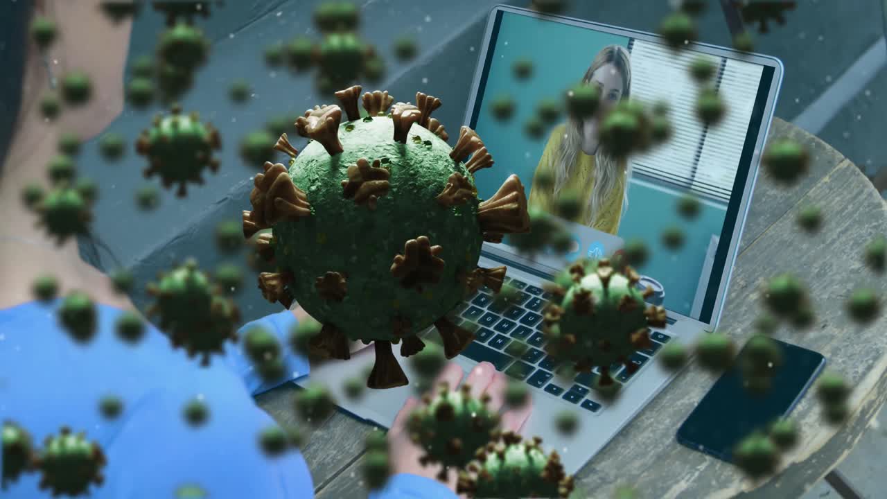 animazione di cellule di covid 19 su una donna d'affari su laptop video call