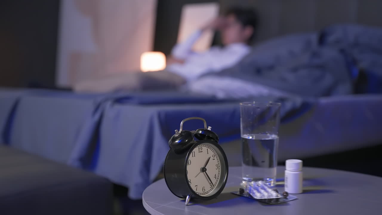 安らかな眠り、不眠症の改善、目覚まし時計：ストレスで神経質になった若い男性が眠れず、瓶からこぼれ落ちた錠剤（ビタミン剤、医薬品、サプリメントなど）、ヘルスケア治療、回復、睡眠補助のコンセプト