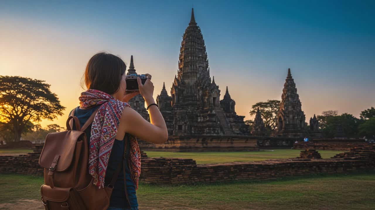 Capturing the Beauty of Ancient Temples: A Photographer's Journey at Twilight Among Majestic Structures Under a Colorful Sky