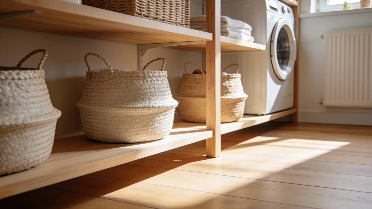 Sliding camera revealing shelving with 3 straw baskets and washer in home laundry showing storage