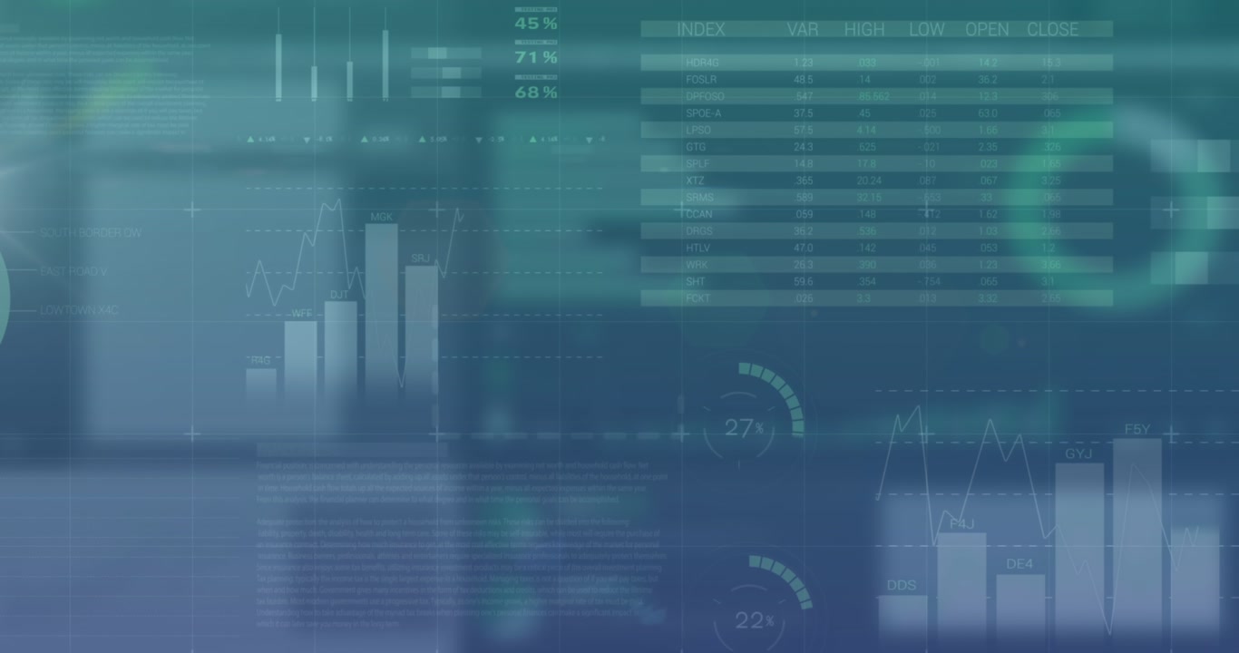 Animation of infographic interface over multiple graphs and shape on abstract background